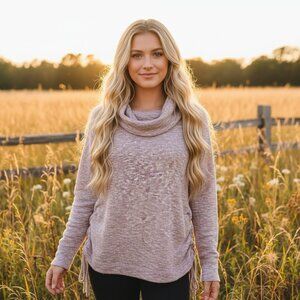 Knox Rose S Women's Cowl Neck Sweater Pink Taupe Lace Up Lightweight Cottage